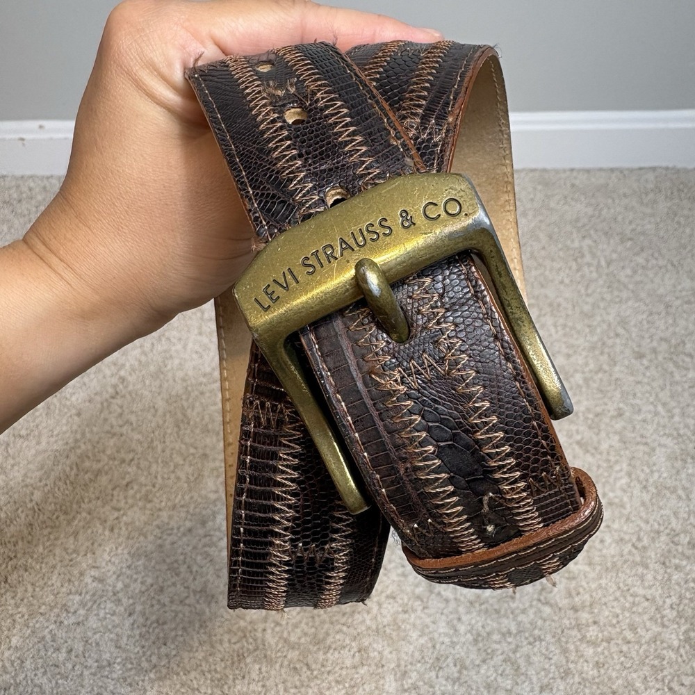 Vtg Tony Lama Genuine Lizard Leather Belt Size 32 Brown Western Levi's Buckle